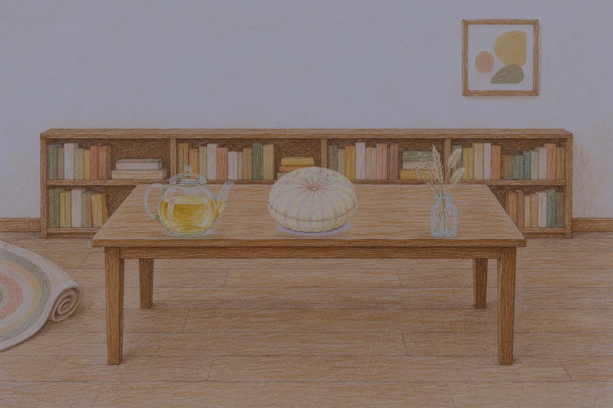 구리 여성전용 경락 추천 안내 그림, 밤의 서재 긴 책상 위에 놓인 유리 티포트, 둥근 쿠션, 마른 풀을 꽂은 항아리