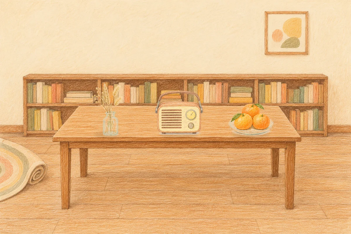 구리 여성전용 방문 홈케어 안내 그림, 낮의 서재 긴 책상 위에 놓인 마른 풀을 꽂은 항아리, 작은 라디오, 귤이 담긴 접시
