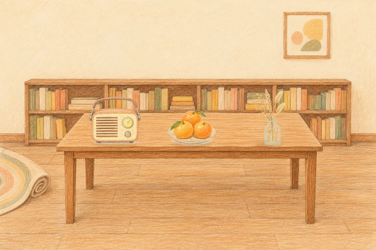 구리 여성전용 1인샵 안내 그림, 낮의 서재 긴 책상 위에 놓인 작은 라디오, 귤이 담긴 접시, 마른 풀을 꽂은 항아리