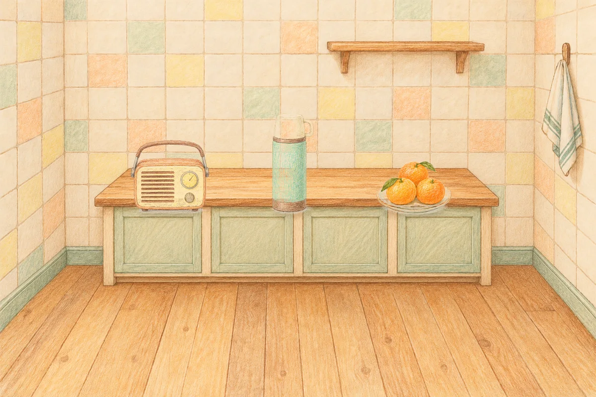 구리 여성전용 홈케어 추천 안내 그림, 낮의 부엌 나무 조리대 위에 놓인 작은 라디오, 보온병, 귤이 담긴 접시
