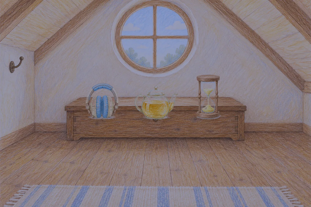 구리 여성전용 발마사지 안내 그림, 밤의 다락방 나무 궤짝 위에 놓인 헤드폰, 유리 티포트, 모래시계