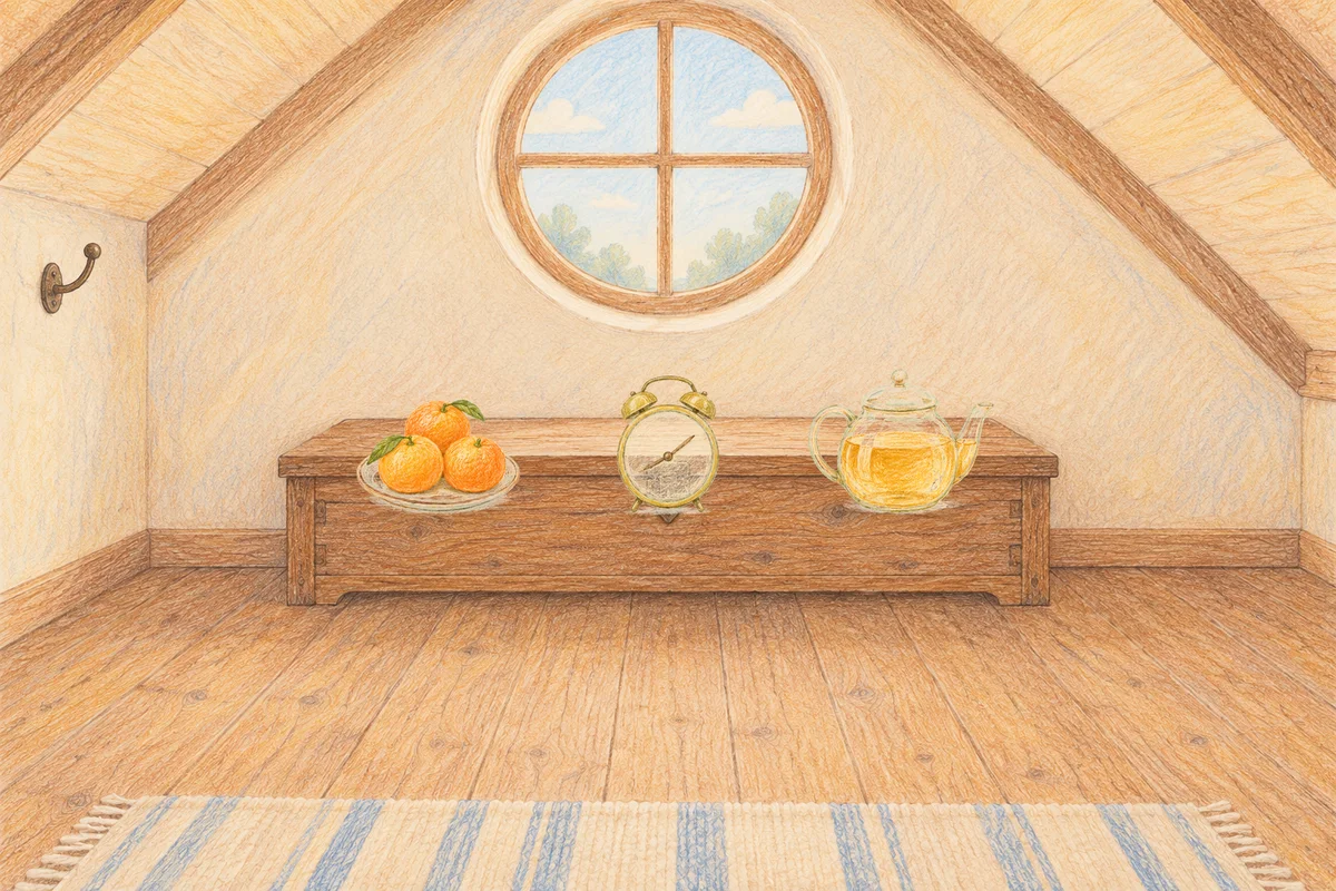구리 여성전용 발 케어 안내 그림, 낮의 다락방 나무 궤짝 위에 놓인 귤이 담긴 접시, 둥근 알람시계, 유리 티포트