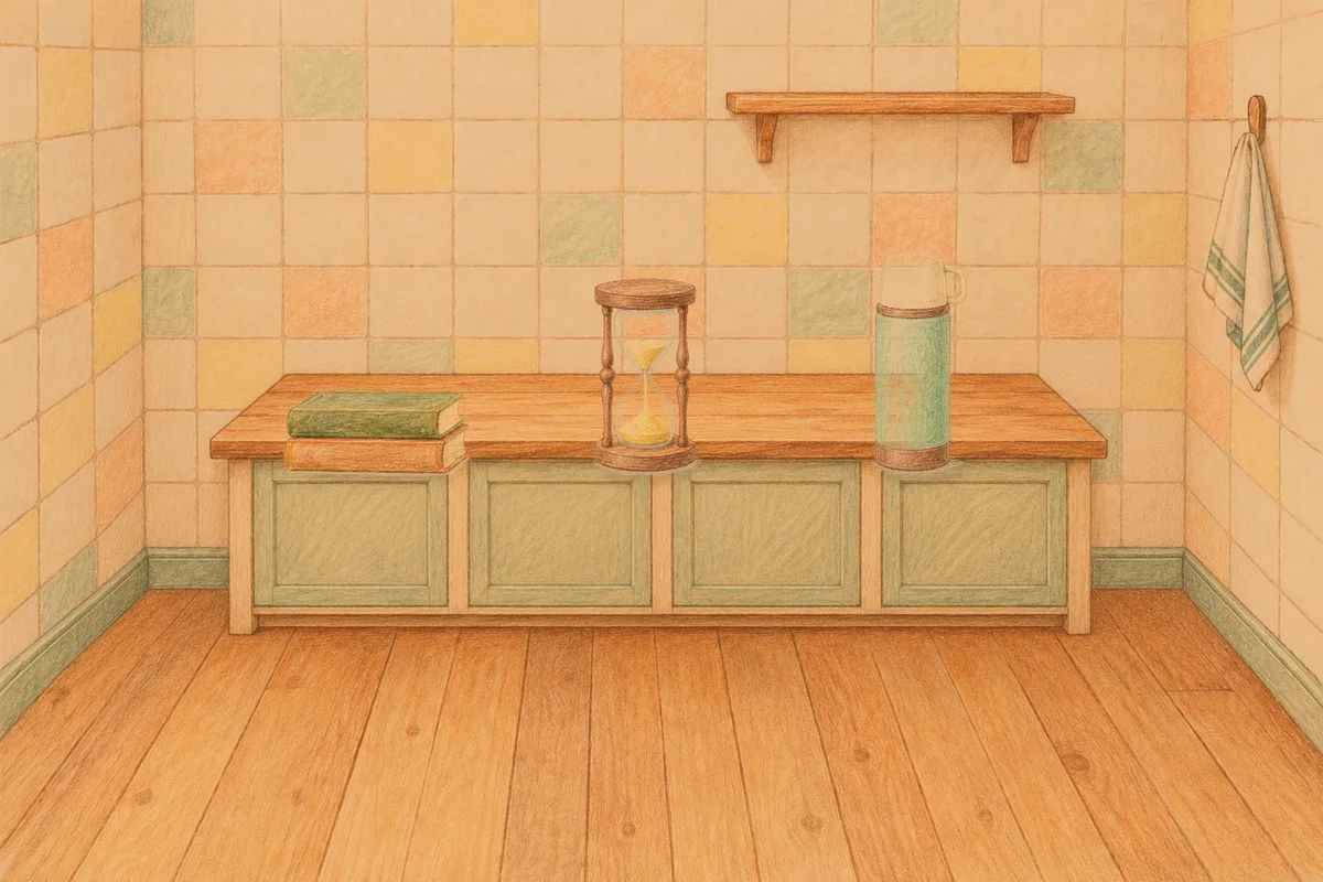 구리 여성전용 림프 마사지 안내 그림, 저녁의 부엌 나무 조리대 위에 놓인 책 두 권, 모래시계, 보온병