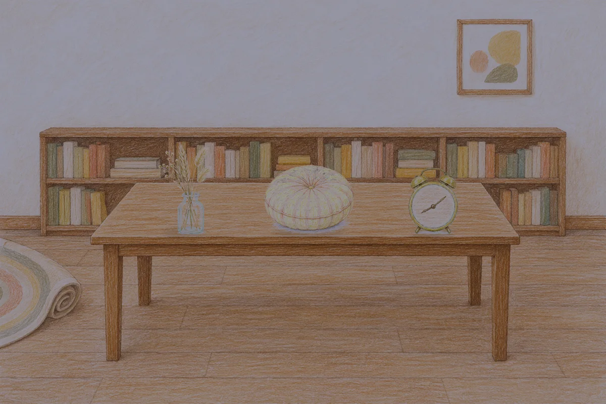 구리 여성전용 바디 케어 안내 그림, 밤의 서재 긴 책상 위에 놓인 마른 풀을 꽂은 항아리, 둥근 쿠션, 둥근 알람시계