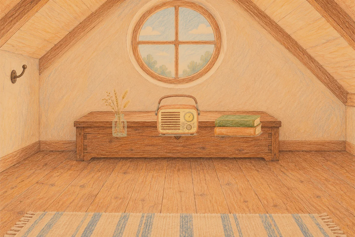 구리 여성전용 슬리밍 마사지 안내 그림, 저녁의 다락방 나무 궤짝 위에 놓인 마른 풀을 꽂은 항아리, 작은 라디오, 책 두 권