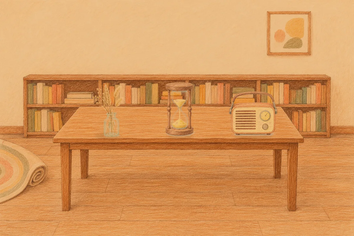 구리 여성전용 디톡스 마사지 안내 그림, 저녁의 서재 긴 책상 위에 놓인 마른 풀을 꽂은 항아리, 모래시계, 작은 라디오