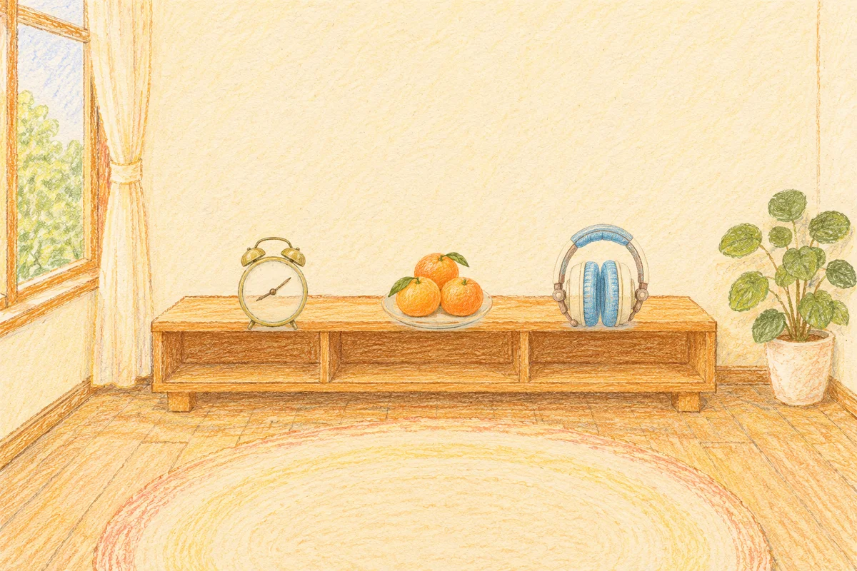 구리 여성전용 종아리 케어 안내 그림, 낮의 창가 낮은 선반 위에 놓인 둥근 알람시계, 귤이 담긴 접시, 헤드폰