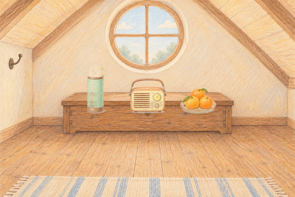 구리 여성전용 두피 케어 안내 그림, 낮의 다락방 나무 궤짝 위에 놓인 보온병, 작은 라디오, 귤이 담긴 접시