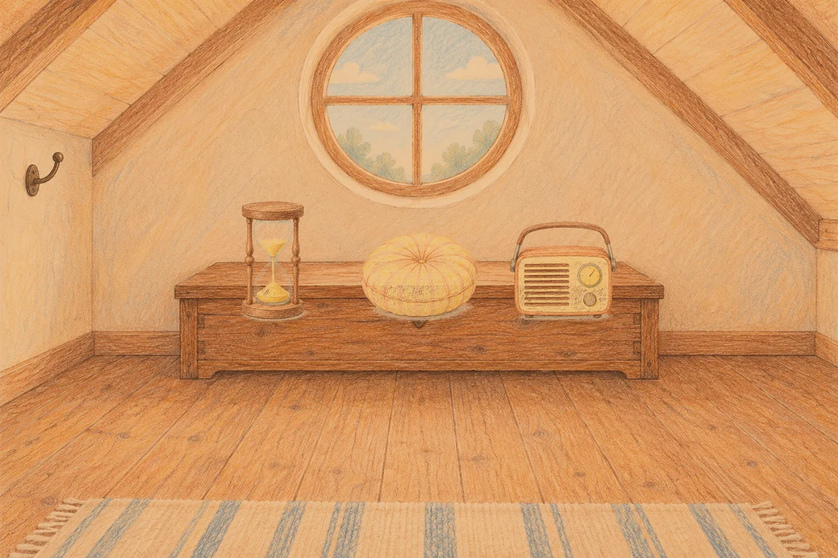 구리 여성전용 목 어깨 케어 안내 그림, 저녁의 다락방 나무 궤짝 위에 놓인 모래시계, 둥근 쿠션, 작은 라디오