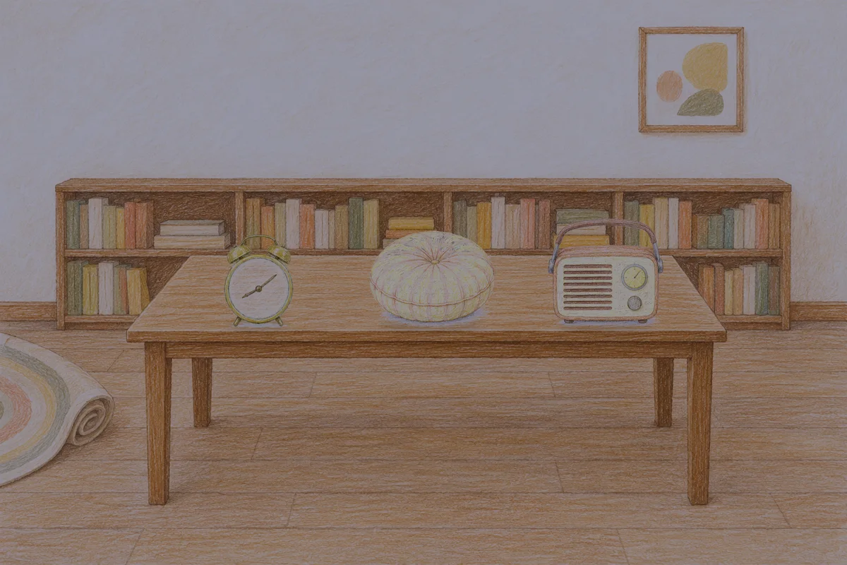 구리 여성전용 페이셜 마사지 안내 그림, 밤의 서재 긴 책상 위에 놓인 둥근 알람시계, 둥근 쿠션, 작은 라디오