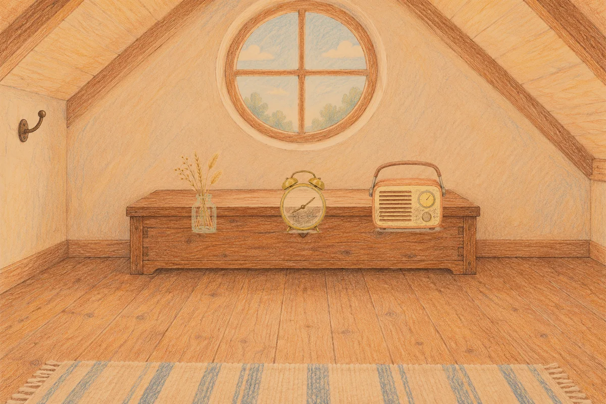 구리 여성전용 피부 관리 안내 그림, 저녁의 다락방 나무 궤짝 위에 놓인 마른 풀을 꽂은 항아리, 둥근 알람시계, 작은 라디오