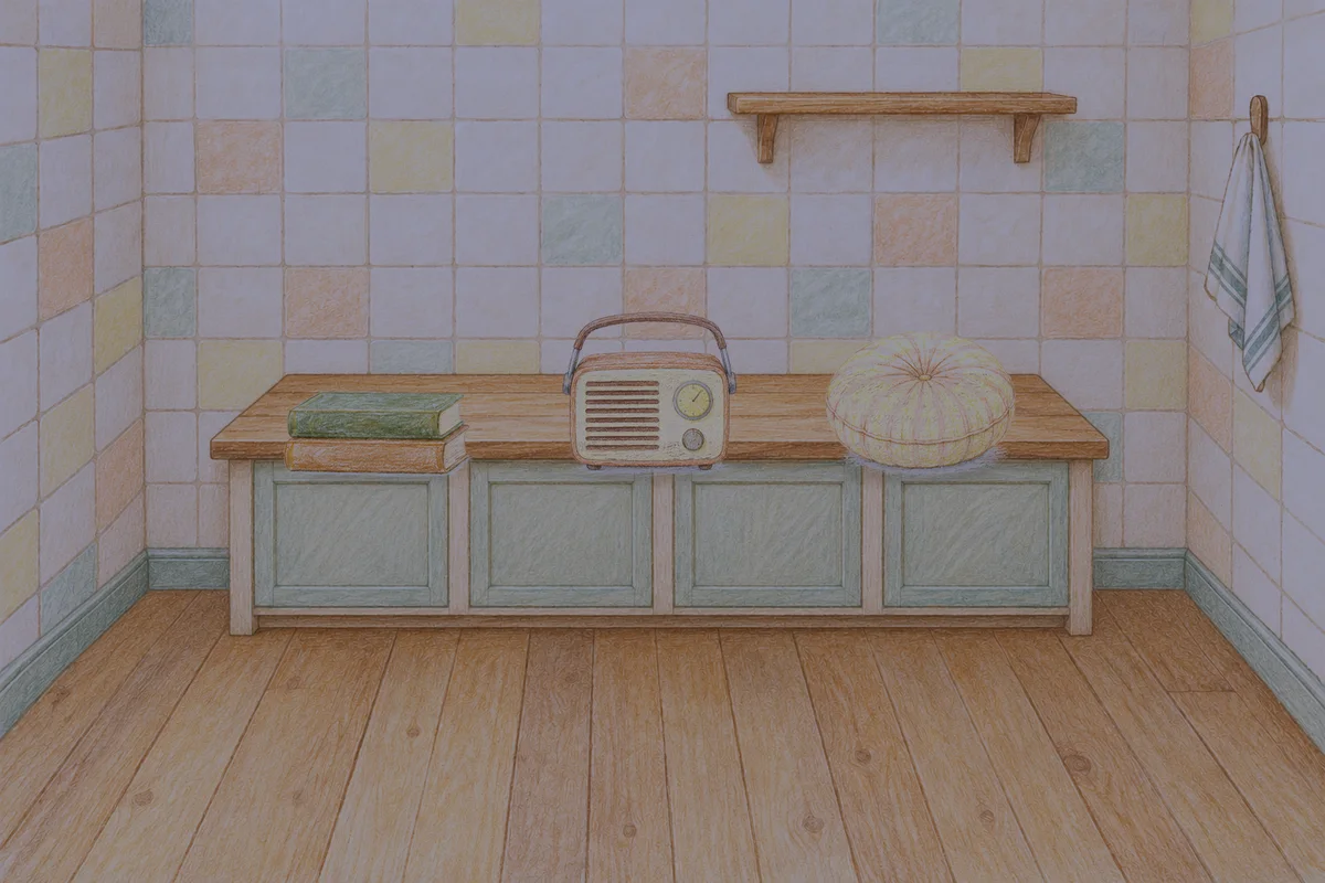 구리 여성전용 가격 마사지 안내 그림, 밤의 부엌 나무 조리대 위에 놓인 책 두 권, 작은 라디오, 둥근 쿠션