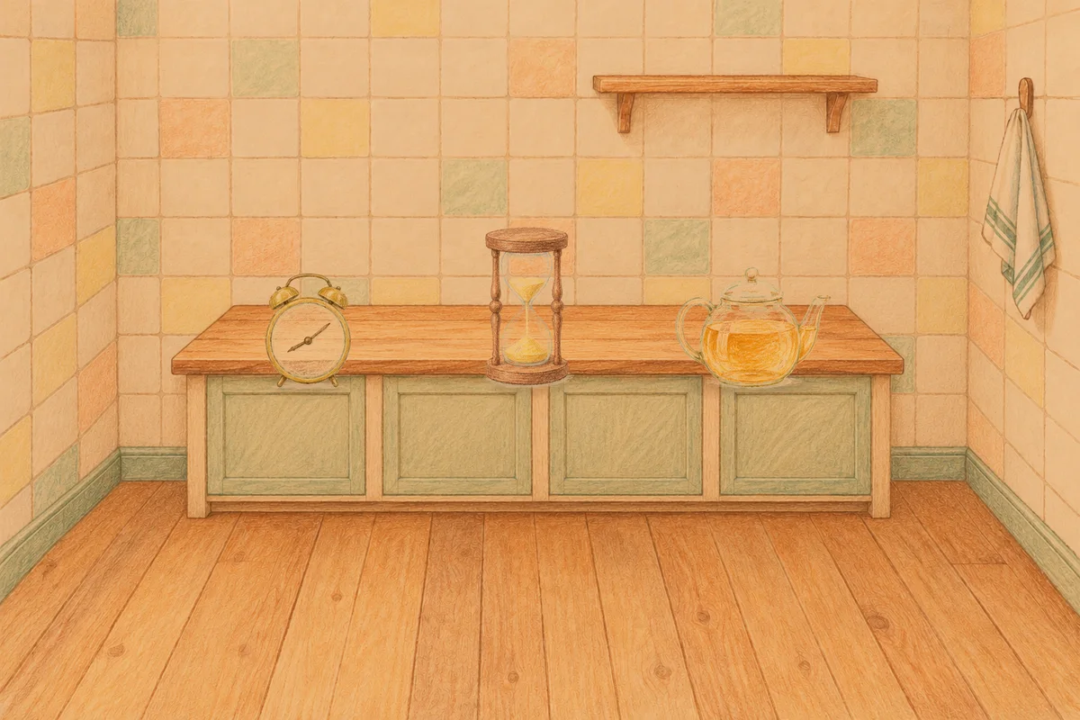구리 여성전용 추천 마사지 안내 그림, 저녁의 부엌 나무 조리대 위에 놓인 둥근 알람시계, 모래시계, 유리 티포트