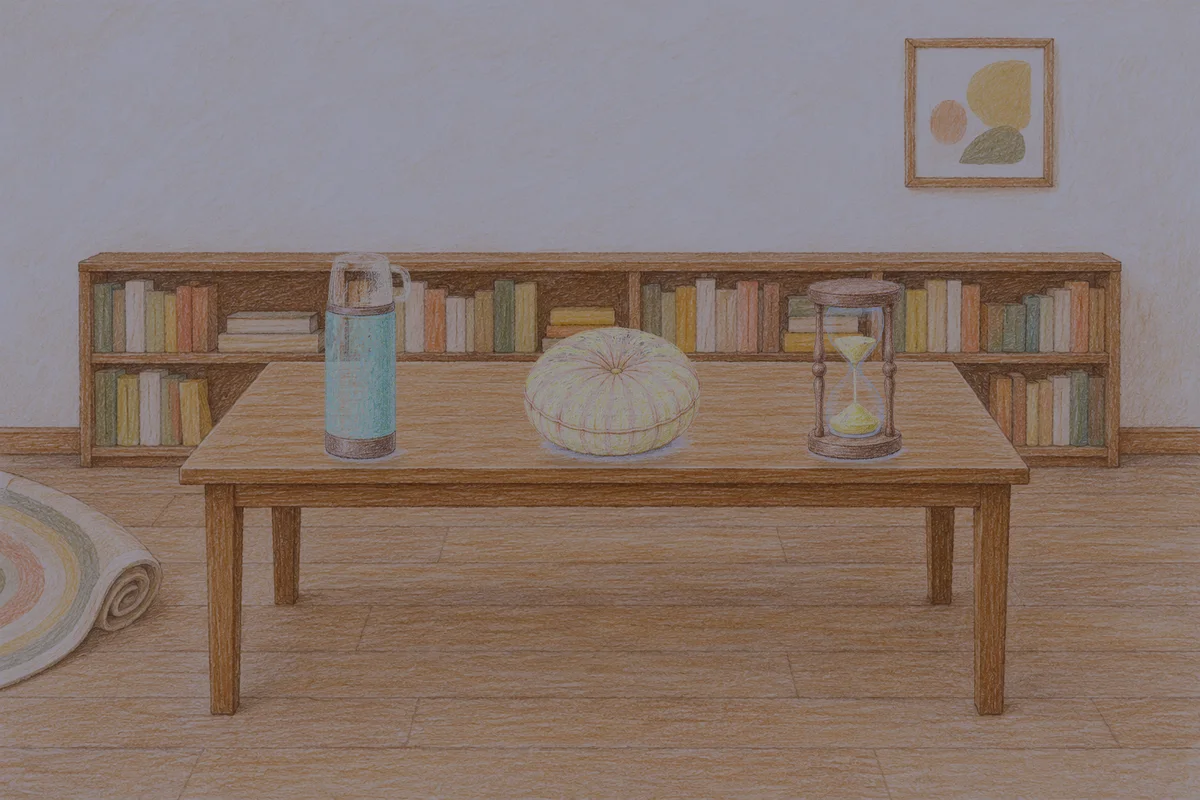 의왕 여성전용 스웨디시 마사지 안내 그림, 밤의 서재 긴 책상 위에 놓인 보온병, 둥근 쿠션, 모래시계