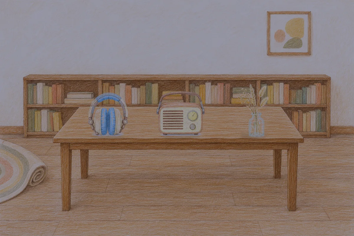 의왕 여성전용 아로마 마사지 안내 그림, 밤의 서재 긴 책상 위에 놓인 헤드폰, 작은 라디오, 마른 풀을 꽂은 항아리