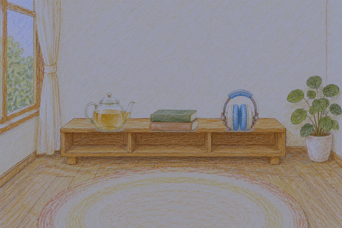의왕 여성전용 아로마테라피 안내 그림, 밤의 창가 낮은 선반 위에 놓인 유리 티포트, 책 두 권, 헤드폰