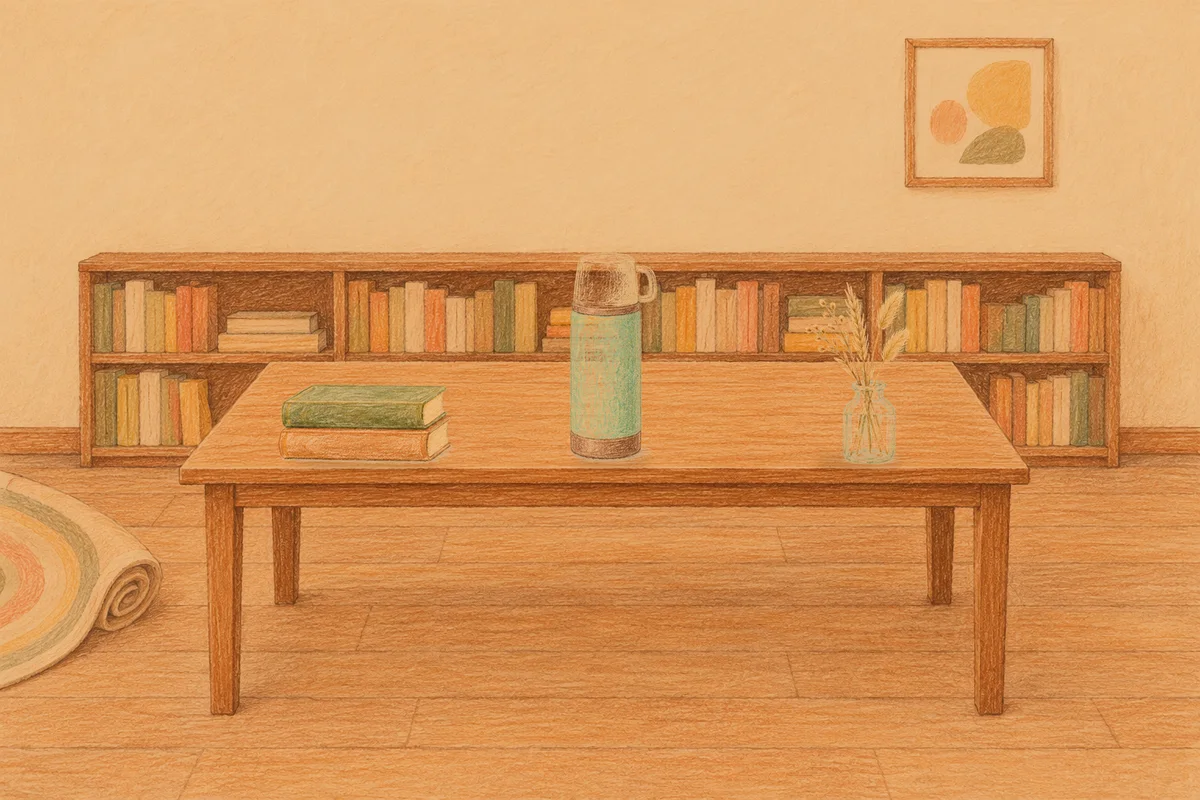의왕 여성전용 스웨디시 홈케어 안내 그림, 저녁의 서재 긴 책상 위에 놓인 책 두 권, 보온병, 마른 풀을 꽂은 항아리