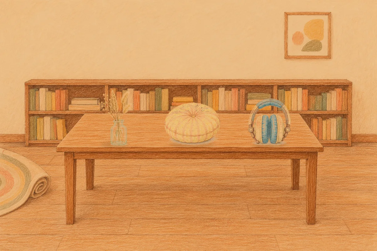 의왕 여성전용 라벤더 아로마 안내 그림, 저녁의 서재 긴 책상 위에 놓인 마른 풀을 꽂은 항아리, 둥근 쿠션, 헤드폰