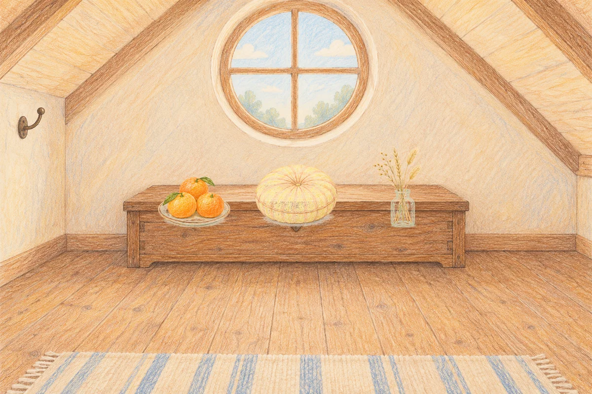 의왕 여성전용 스웨디시 추천 안내 그림, 낮의 다락방 나무 궤짝 위에 놓인 귤이 담긴 접시, 둥근 쿠션, 마른 풀을 꽂은 항아리