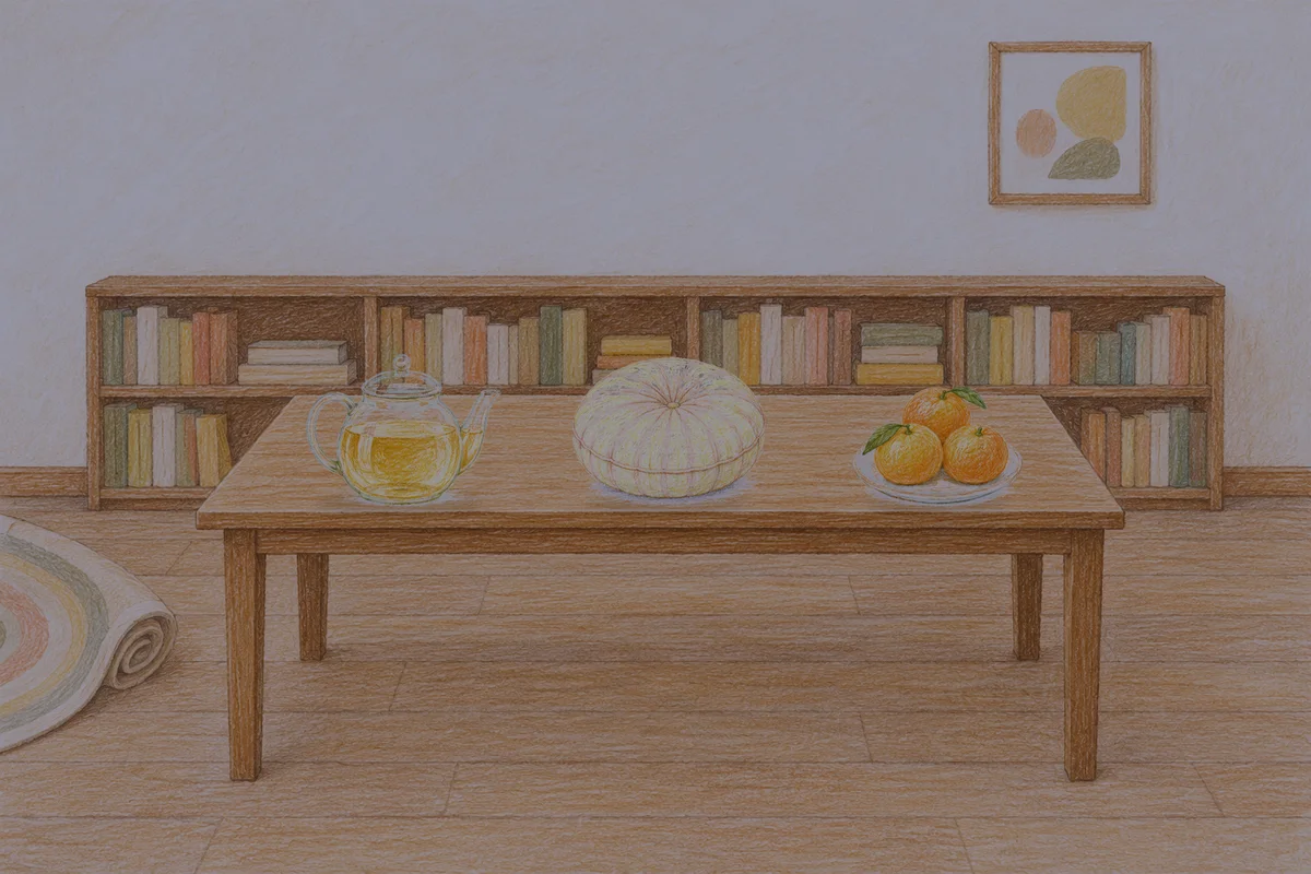 의왕 여성전용 경락마사지 안내 그림, 밤의 서재 긴 책상 위에 놓인 유리 티포트, 둥근 쿠션, 귤이 담긴 접시