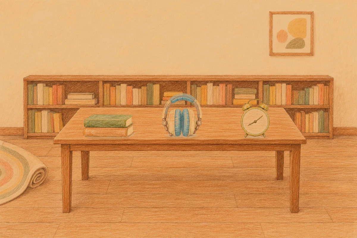 의왕 여성전용 경락 케어 안내 그림, 저녁의 서재 긴 책상 위에 놓인 책 두 권, 헤드폰, 둥근 알람시계