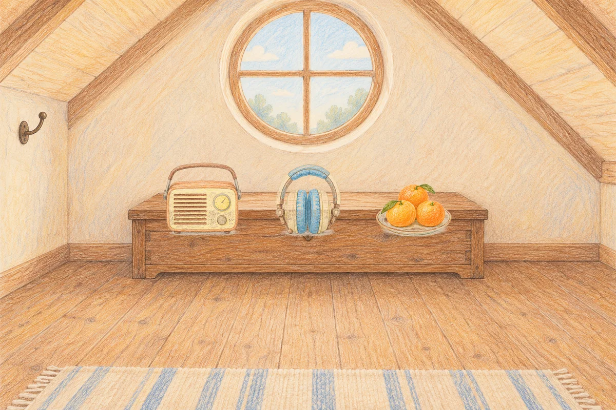 의왕 여성전용 홈케어 안내 그림, 낮의 다락방 나무 궤짝 위에 놓인 작은 라디오, 헤드폰, 귤이 담긴 접시