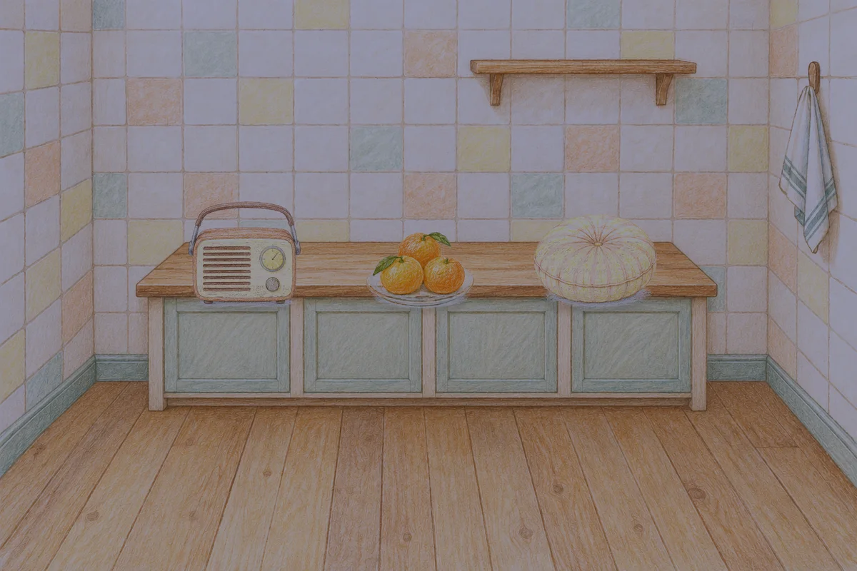 의왕 여성전용 방문 마사지 안내 그림, 밤의 부엌 나무 조리대 위에 놓인 작은 라디오, 귤이 담긴 접시, 둥근 쿠션