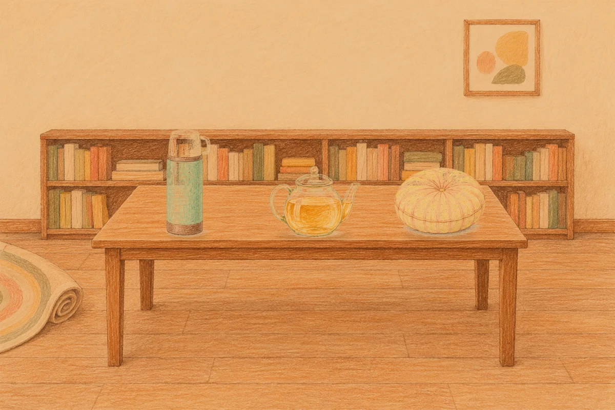 의왕 여성전용 홈케어 서비스 안내 그림, 저녁의 서재 긴 책상 위에 놓인 보온병, 유리 티포트, 둥근 쿠션