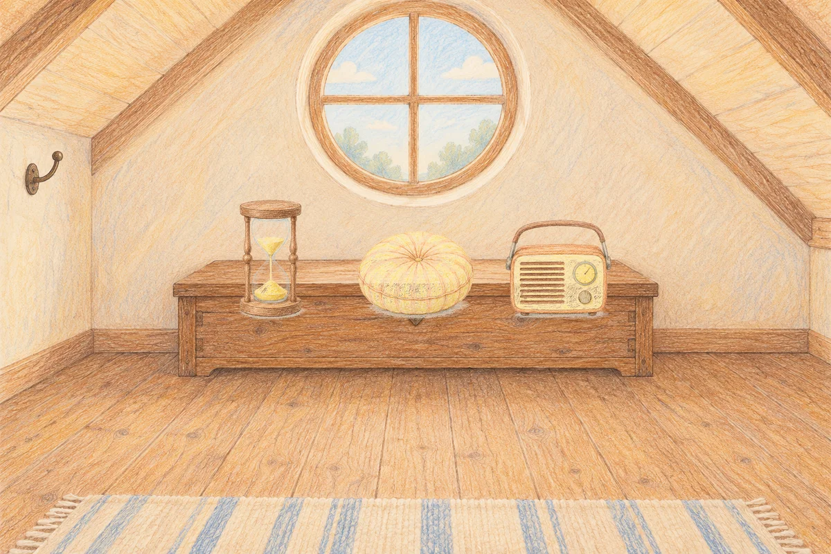 의왕 여성전용 프라이빗 케어 안내 그림, 낮의 다락방 나무 궤짝 위에 놓인 모래시계, 둥근 쿠션, 작은 라디오