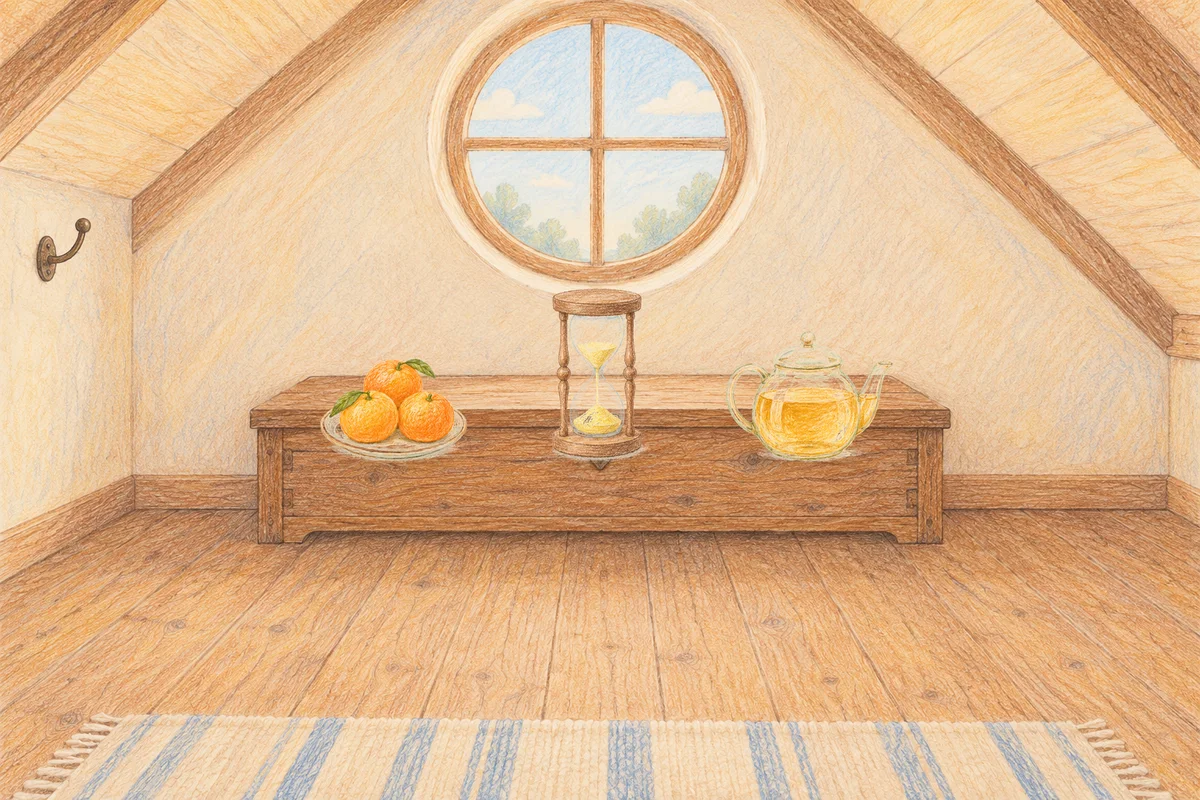 의왕 여성전용 발관리 안내 그림, 낮의 다락방 나무 궤짝 위에 놓인 귤이 담긴 접시, 모래시계, 유리 티포트