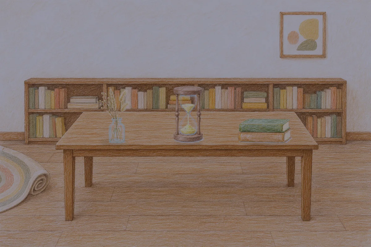 의왕 여성전용 발마사지 안내 그림, 밤의 서재 긴 책상 위에 놓인 마른 풀을 꽂은 항아리, 모래시계, 책 두 권