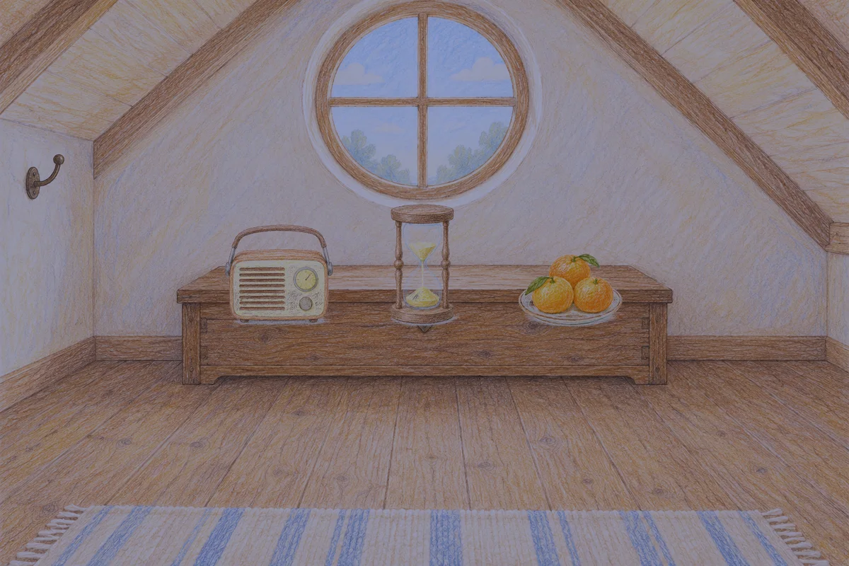 의왕 여성전용 발관리 후기 안내 그림, 밤의 다락방 나무 궤짝 위에 놓인 작은 라디오, 모래시계, 귤이 담긴 접시