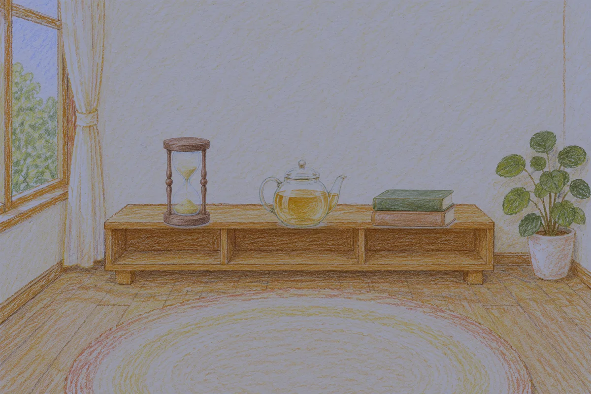 의왕 여성전용 림프 마사지 안내 그림, 밤의 창가 낮은 선반 위에 놓인 모래시계, 유리 티포트, 책 두 권