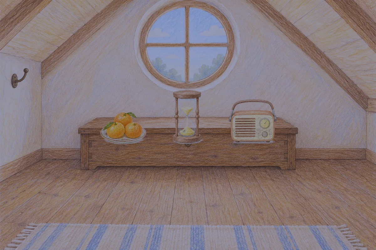 의왕 여성전용 바디 케어 안내 그림, 밤의 다락방 나무 궤짝 위에 놓인 귤이 담긴 접시, 모래시계, 작은 라디오