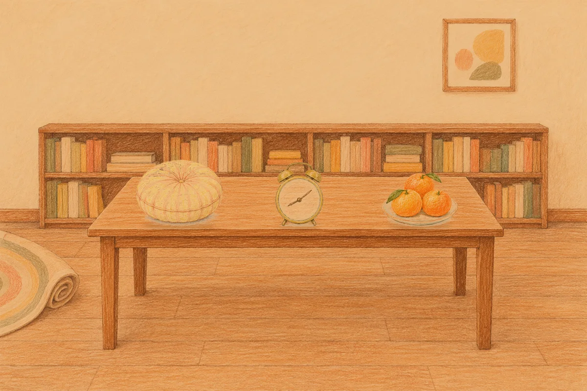 의왕 여성전용 슬리밍 마사지 안내 그림, 저녁의 서재 긴 책상 위에 놓인 둥근 쿠션, 둥근 알람시계, 귤이 담긴 접시