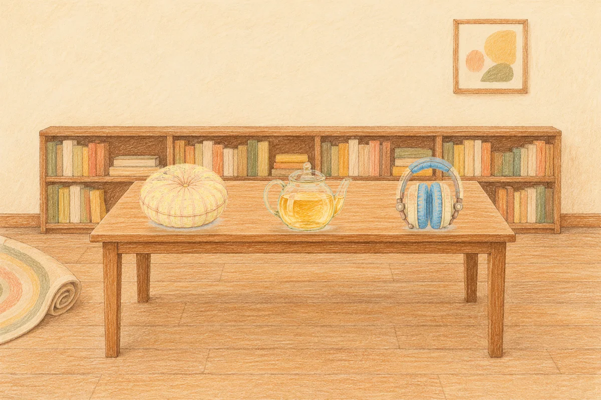 의왕 여성전용 디톡스 마사지 안내 그림, 낮의 서재 긴 책상 위에 놓인 둥근 쿠션, 유리 티포트, 헤드폰