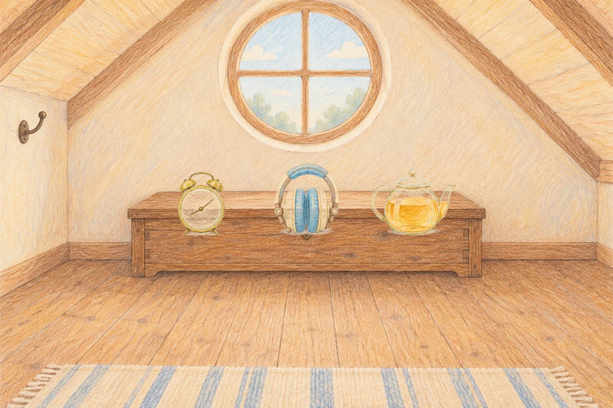 의왕 여성전용 등 마사지 안내 그림, 낮의 다락방 나무 궤짝 위에 놓인 둥근 알람시계, 헤드폰, 유리 티포트