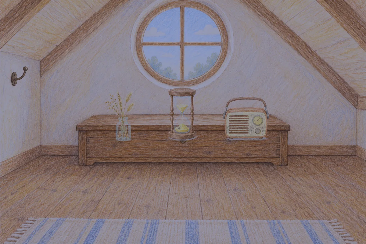 의왕 여성전용 두피 마사지 안내 그림, 밤의 다락방 나무 궤짝 위에 놓인 마른 풀을 꽂은 항아리, 모래시계, 작은 라디오