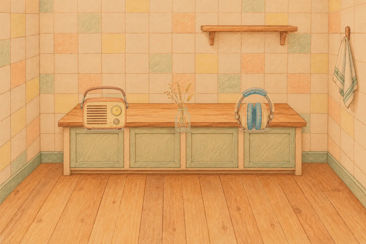 의왕 여성전용 피로 회복 마사지 안내 그림, 저녁의 부엌 나무 조리대 위에 놓인 작은 라디오, 마른 풀을 꽂은 항아리, 헤드폰