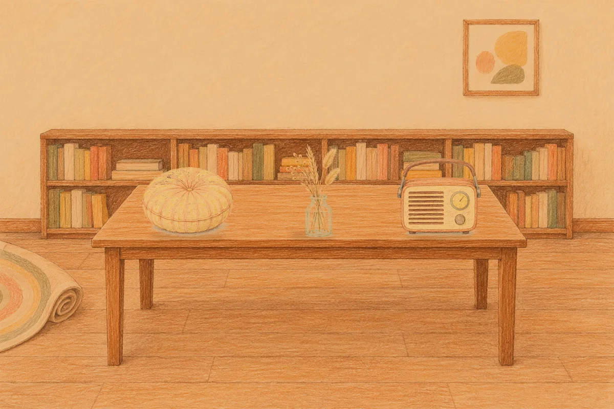 의왕 여성전용 얼굴 마사지 안내 그림, 저녁의 서재 긴 책상 위에 놓인 둥근 쿠션, 마른 풀을 꽂은 항아리, 작은 라디오