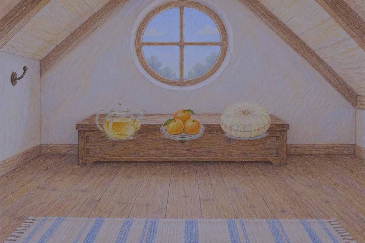 의왕 여성전용 안티에이징 케어 안내 그림, 밤의 다락방 나무 궤짝 위에 놓인 유리 티포트, 귤이 담긴 접시, 둥근 쿠션