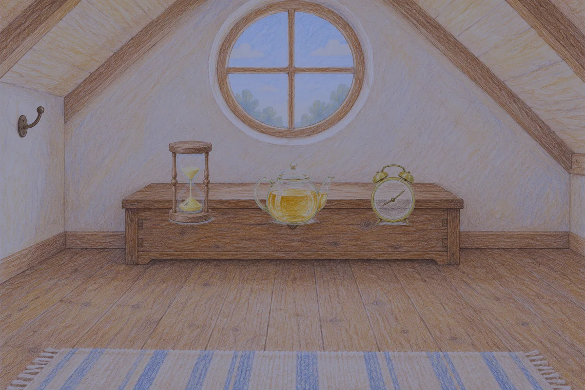 의왕 여성전용 예약 마사지 안내 그림, 밤의 다락방 나무 궤짝 위에 놓인 모래시계, 유리 티포트, 둥근 알람시계