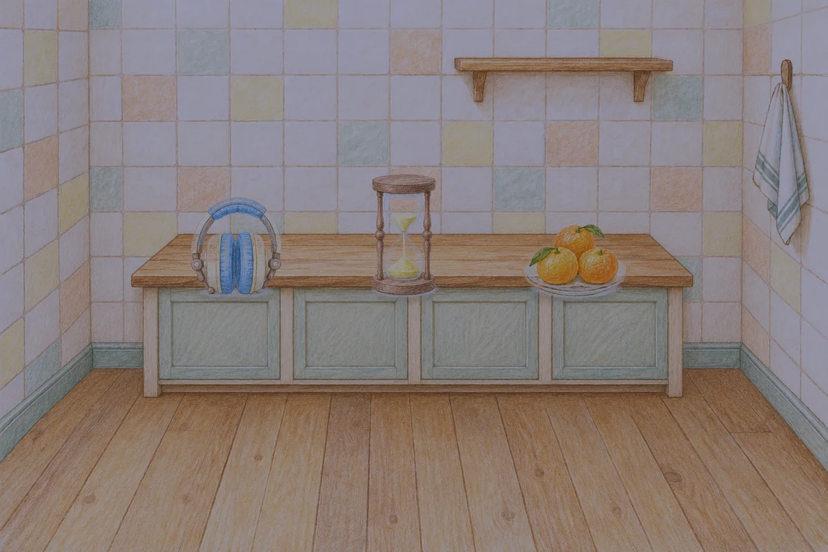 의왕 여성전용 후기 마사지 안내 그림, 밤의 부엌 나무 조리대 위에 놓인 헤드폰, 모래시계, 귤이 담긴 접시