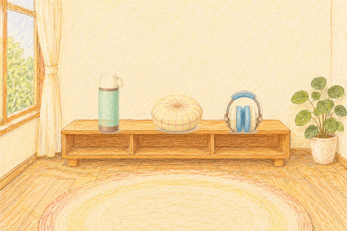 의왕 여성전용 가격 마사지 안내 그림, 낮의 창가 낮은 선반 위에 놓인 보온병, 둥근 쿠션, 헤드폰