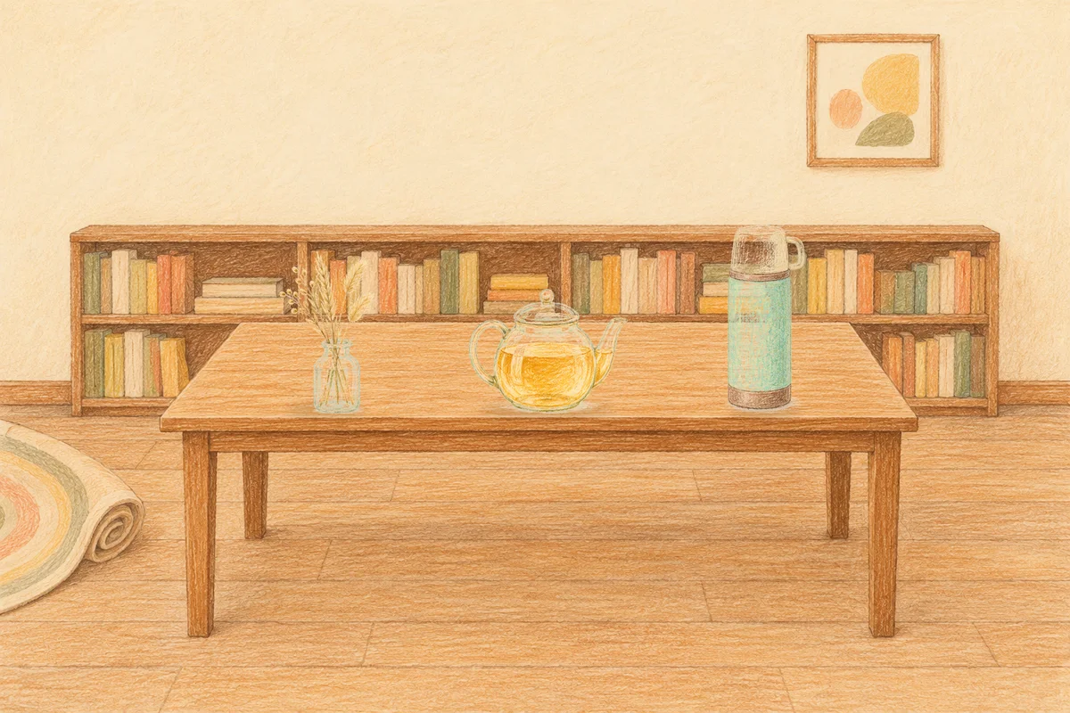 의왕 여성전용 추천 마사지 안내 그림, 낮의 서재 긴 책상 위에 놓인 마른 풀을 꽂은 항아리, 유리 티포트, 보온병