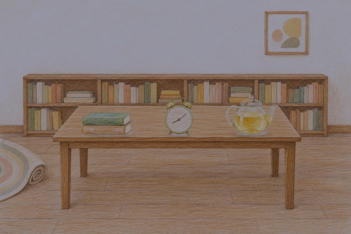 의왕 여성전용 출장 마사지 후기 안내 그림, 밤의 서재 긴 책상 위에 놓인 책 두 권, 둥근 알람시계, 유리 티포트