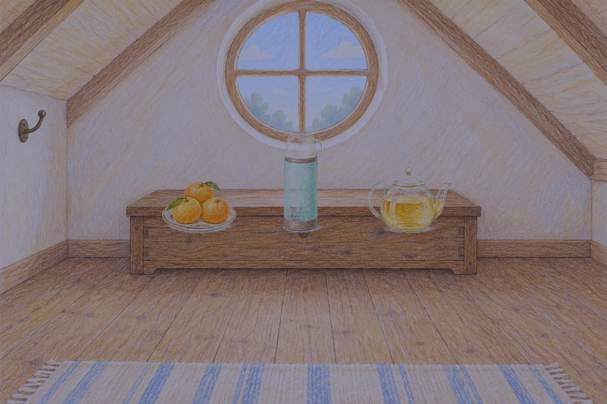 포천 여성전용 스웨디시 마사지 안내 그림, 밤의 다락방 나무 궤짝 위에 놓인 귤이 담긴 접시, 보온병, 유리 티포트