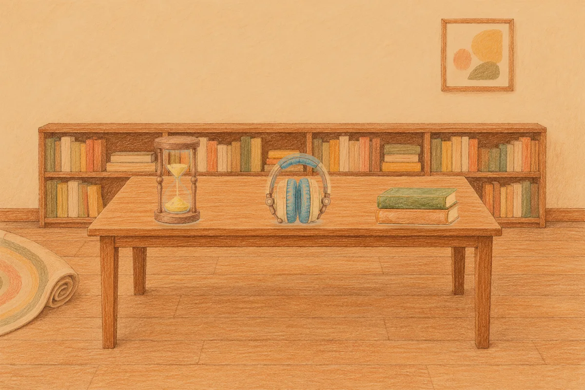 포천 여성전용 아로마 마사지 안내 그림, 저녁의 서재 긴 책상 위에 놓인 모래시계, 헤드폰, 책 두 권
