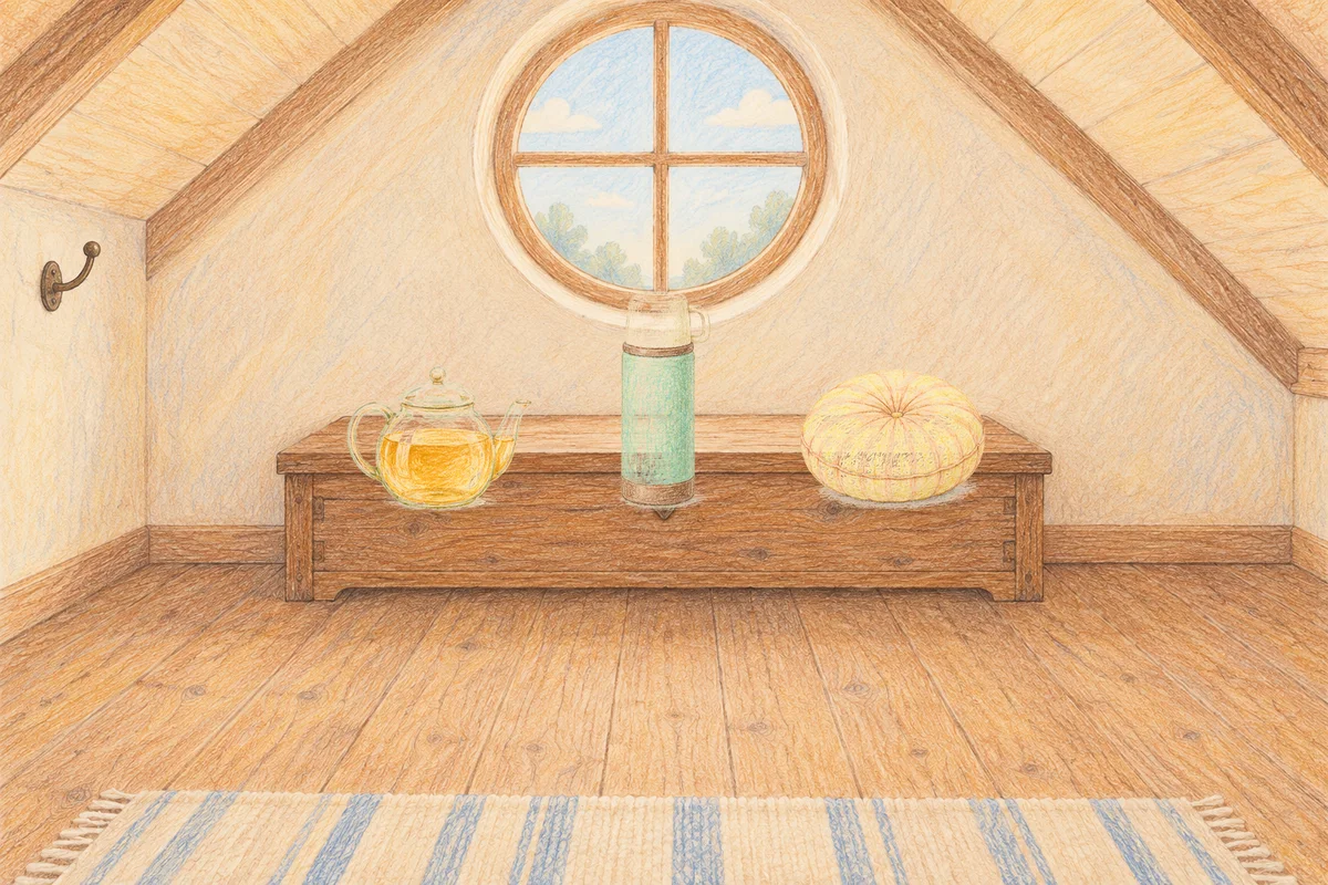 포천 여성전용 스웨디시 홈케어 안내 그림, 낮의 다락방 나무 궤짝 위에 놓인 유리 티포트, 보온병, 둥근 쿠션