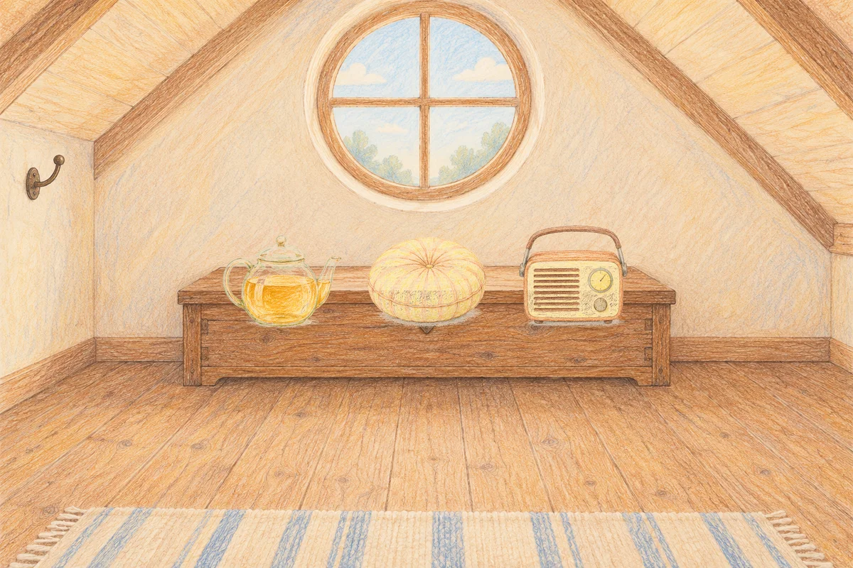 포천 여성전용 아로마 마사지 후기 안내 그림, 낮의 다락방 나무 궤짝 위에 놓인 유리 티포트, 둥근 쿠션, 작은 라디오
